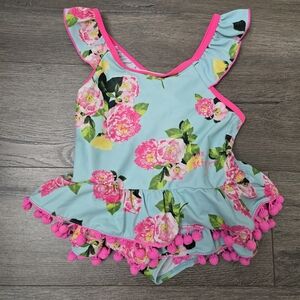 Betsey Johnson Little Girls Swim Suit Size 5 Pom Poms Floral Vacatuon Travel